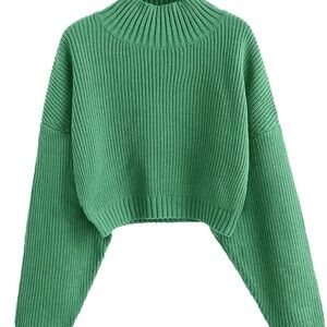 Kelly Green Slightly Cropped Ribbed Turtleneck Sweater